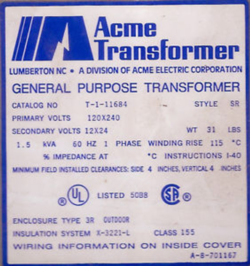 TWO ACME BUCK BOOST TRANSFORMERS, 1.5KVA, 120 X 240 VOLTS GENERAL PURPOSE.