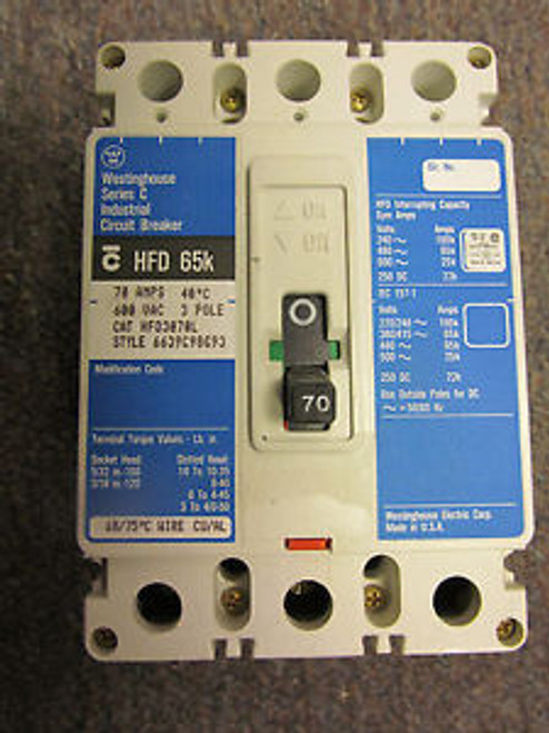 Westinghouse HFD3070L Circuit Breaker 70 Amp 3 Pole 600 V