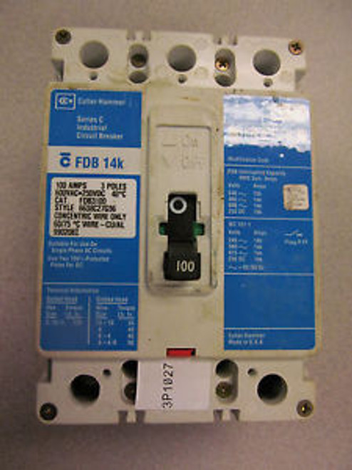 Cutler Hammer FDB3100 Circuit Breaker 100 Amp 3 Pole 600 Volt FDB 3100