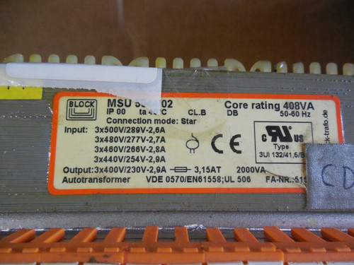Block Auto Transformer Msu 5044/02 Msu5044/02 408Va 500V Hi 230V Lo Used