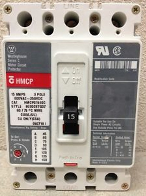 CUTLER HAMMER HMCP015E0C 3 POLE 15 AMP 600 VOLT MOTOR CIRCUIT PROTECTOR