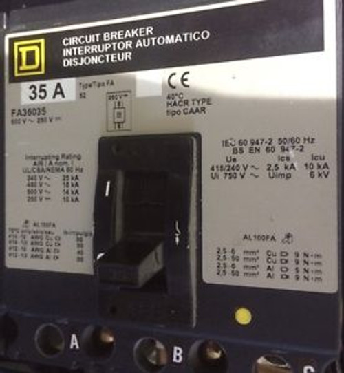 FA36035 Square D SQD Type FA Gray Label Circuit Breaker 3 Pole 35 Amp 600V