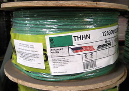 Thhn  1000 Ft.  #6 Awg  Stranded Copper  Wire- 600 Volt 65 Amp - Green