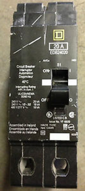 SQUARE D EDB24020 CIRCUIT BREAKER 2 POLE 20 AMP 480 VOLT 18 AIC RATED USED