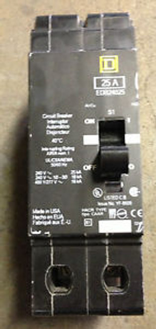 SQUARE D EDB24025 CIRCUIT BREAKER 2 POLE 25 AMP 480 VOLT 18 AIC RATED USED