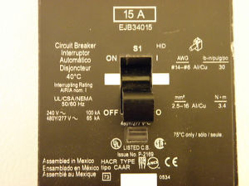 Used Square D EJB34015 EJB  15 amp 240 Volt Circuit Breaker 480/277v