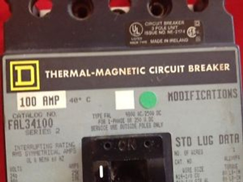 Square D FAL34100 3 Pole 100AMP 480VAC Circuit Breaker,