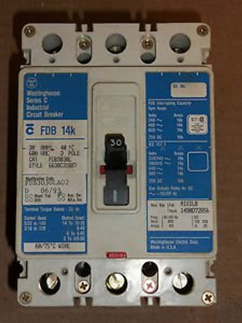 WESTINGHOUSE Cutler Hammer  FDB FDB3030L 3 pole 30 AMP 600v CIRCUIT BREAKER