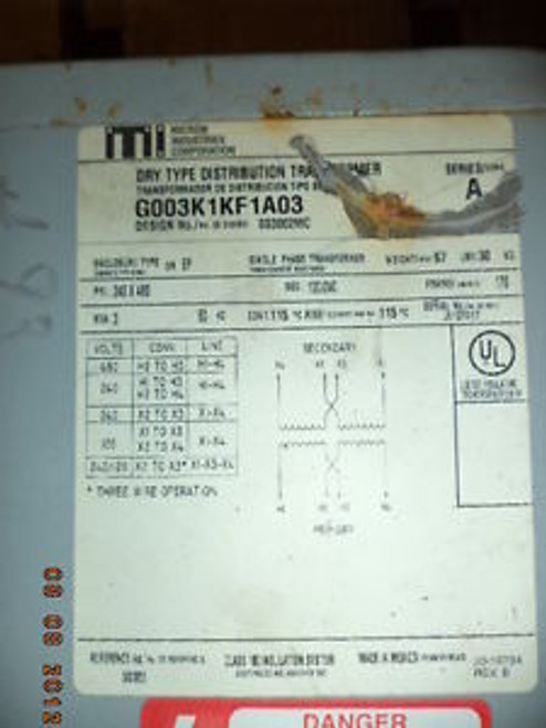 3 KVA CUTLER HAMMER TRANSFORMERS, G003K1KF1A03, SINGLE PH, 240/480 120/240