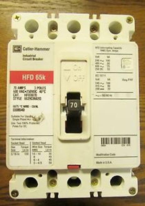 EATON CUTLER HAMMER Circuit Breaker 3 Pole 70 Amp Line & Load Lugs HFD3070L