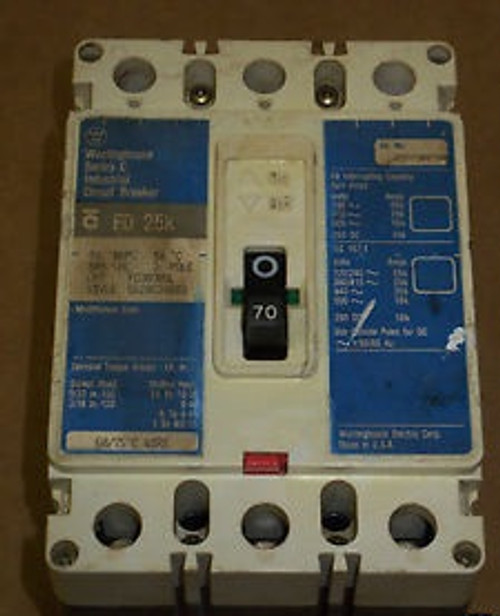 Westinghouse FD 25k 3 pole 70 amp 600v FD3070VL 50 degree Circuit Breaker
