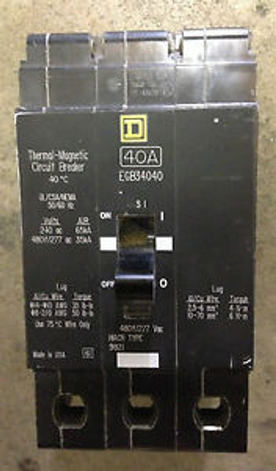 SQUARE D EGB34040 CIRCUIT BREAKER 3 POLE 40 AMP 480 VOLT 35 AIC RATED USED