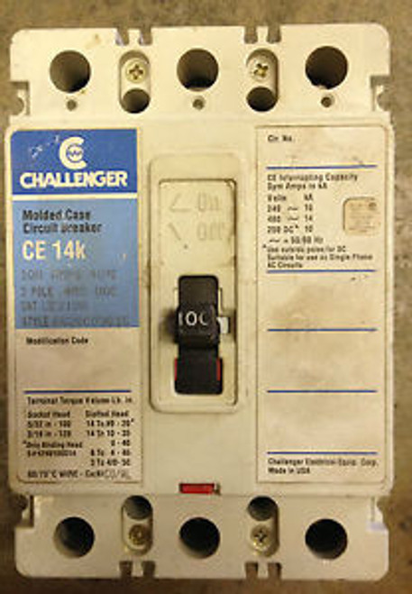 CHALLENGER WESTINGHOUSE CUT/HAM CE3100 3 POLE 100 AMP 480 VOLT 14K USED