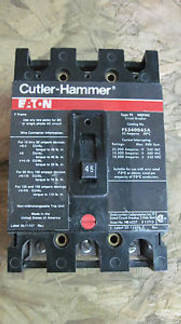 CUTLER HAMMER F FRAME FS340045 45 AMP 480 VOLT 3/P CIRCUIT BREAKER