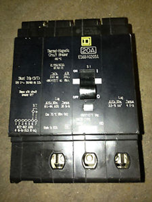 SQUARE D EDB34020SA CIRCUIT BREAKER 3 POLE 20 AMP 480 VOLT 18 AIC RATED USED