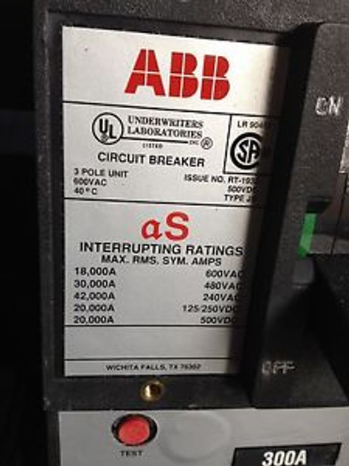 ABB TJ3300 Circuit Breaker W/Shunt Trip, 300 Amp, Lug to Lug, Used