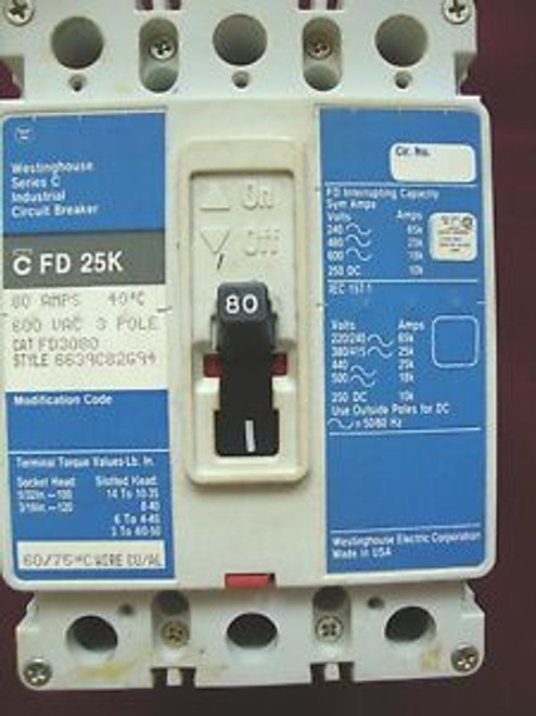 CUTLER-HAMMER WESTINGHOUSE SERIES C INDUSTRIAL CIRCUIT BREAKER 3FD25K - USED