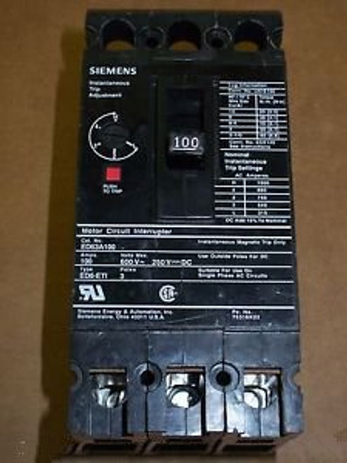 ITE Siemens ED6-ETI 3 pole 100 amp 600v ED63A100 Circuit Breaker ED BLACK LBL