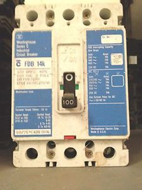 Westinghouse FDB3100 Series C Circuit Breaker 100 Amps 3 Pole 600 VAC