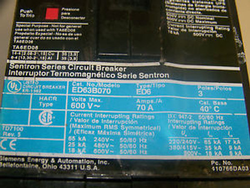 Siemens ED63B070 Circuit Breaker 3 pole 70 amp 600 volt