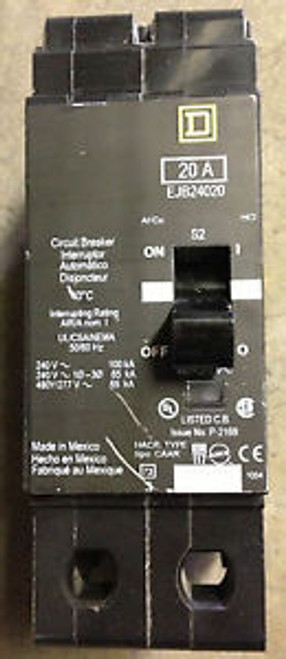 SQUARE D EJB24020 CIRCUIT BREAKER 2 POLE 20 AMP 480 VOLT 65 AIC RATED USED