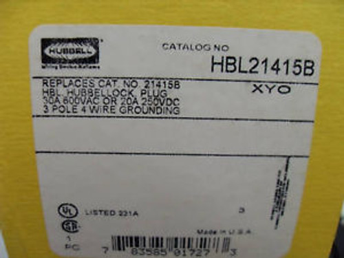 New Hubbell Hubbellock Plug Hbl21415B 250/600-V 20/30A  30-Amp Nib Fast Shipping