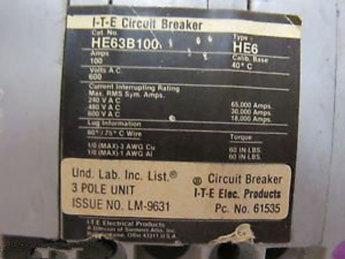 ITE HE63B100 100 Amp, 600 Volt, 3 Pole Circuit Breaker