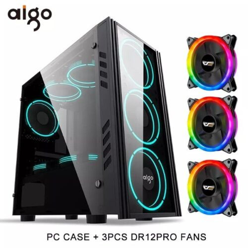 Aigo Atx Tower Pc Gaming Tempered Glass Computer Case With 3 Rgb Fans