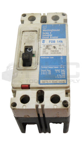 Westinghouse Fdb2030 /C Industrial Circuit Breaker 30A 600Vac 2 Pole 6638C26G87