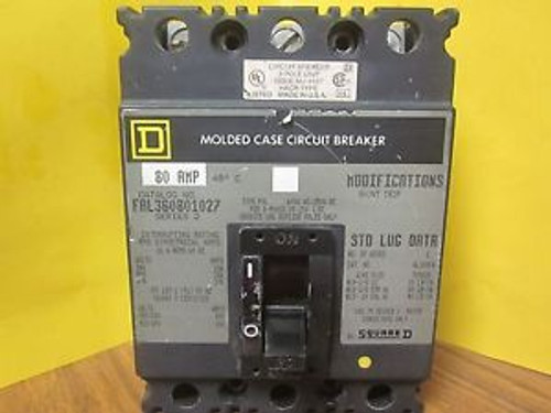 SQUARE D 80 AMP 3 POLE FAL360801027 CIRCUIT BREAKER W/SHUNT TRIP .....WA-44