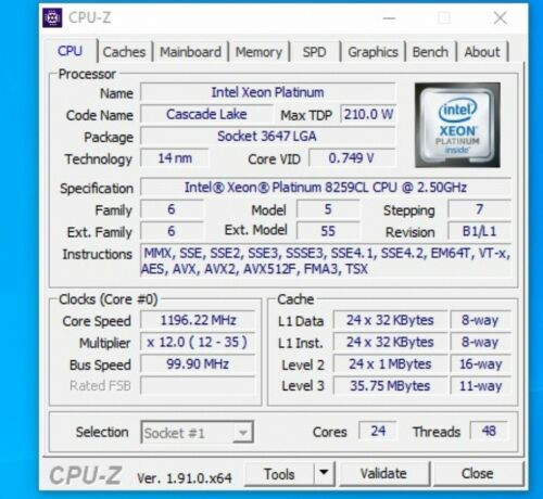 Intel Xeon Platinum 8259Cl Srfa8 24C 2.5Ghz 33Mb 210W Lga3647 Same 8260