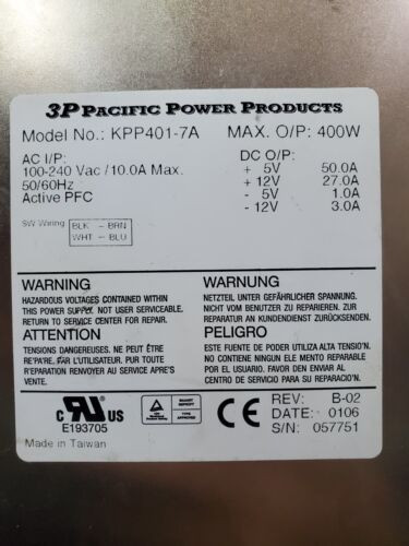 3P Pacific Power Products 400W Power Supply | Kpp401-7A | Pn 083-00087-0000