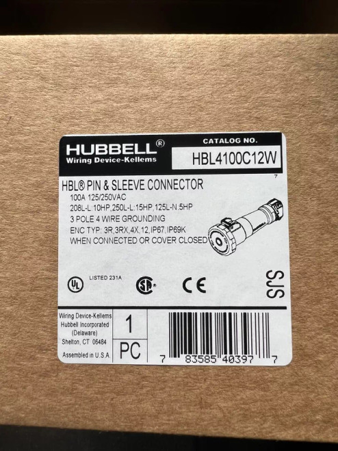 NEW Hubbell Pin & Sleeve Plug, Watertight, 3-P, 100A, 125/250 VAC: HBL4100C12W