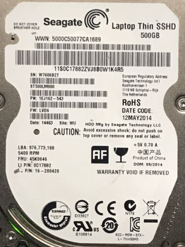 45K0646 Sshd/Ssd 500G 2.5" 5400R 6Gb/S St500Lm000 1Ej162-543 0C17882 16-2004