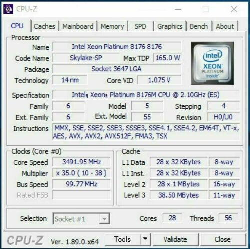 Intel Xeon Platinum 8176M Qs Cpu Processor 2.1Ghz 28C 56 Ths Lga3647 165W