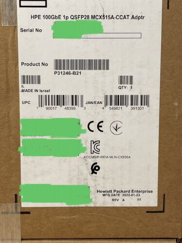 Hpe Mellanox 100Gbe Ethernet 1 Port Qsfp28 Connectx-5 Network Adapter Pci-E X16