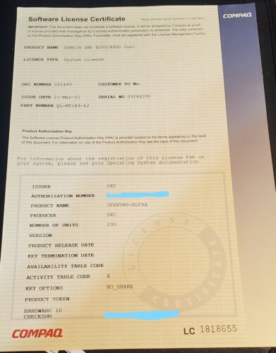 Compaq Ql-Mt1A9-6J Ovms/A Smp 8200/8400 Dual Open Vms-Alpha