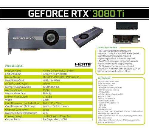 8X Nvidia Geforce Rtx 3080Ti - Heatsink With Blower Fan - 12 Gb Gddr6X