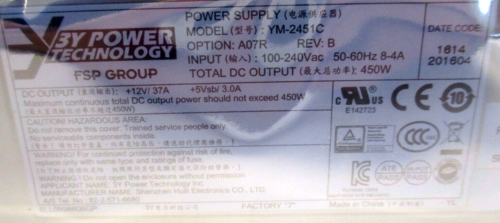 3Y Power Technology Power Supply Model: Ym-2451C P/N: Ym-2451Ca07R 450W Output