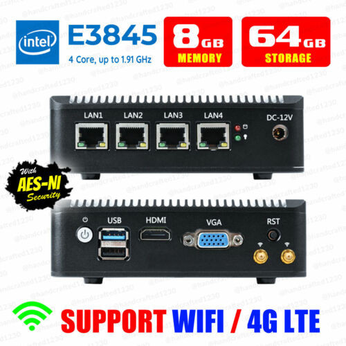 Fanless Mini Pc Intel Atom® E3845 4 Lan 8G Ram/64G Ssd Pfsense Firewall Aes-Ni