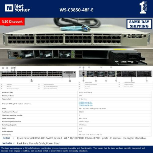 Cisco Ws-C3850-48F-E Stackable 48 10/100/1000 Ethernet Poe+ 1100Wac 1Ru