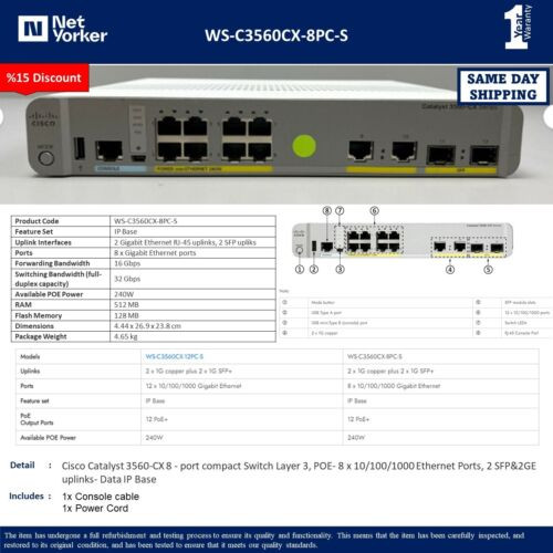 Cisco Ws-C3560Cx-8Pc-S 8 Port 3560Cx Ethernet Switch - Same Day Shipping