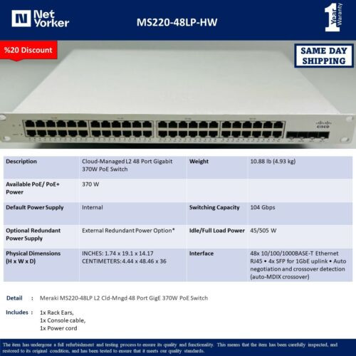 Cisco Meraki Unclaimed Ms220-48Lp-Hw 48 Port Switch - Same Day Shipping