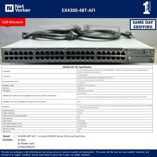 Juniper Ex4300-48T-Afi 48-Port 10/100/1000Base-T Switch 2X Jpsu-350-Ac-Afi