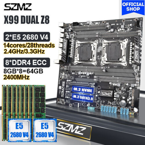 Szmz X99 Dual Motherboard Combo With 2 Xeon E5 2680 V4 Cpu & 88Gb Ddr4 Ecc Ram