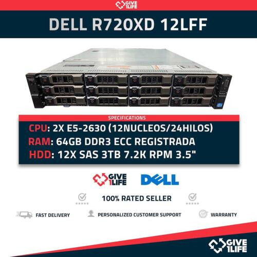 Dell Poweredge R720Xd 12Lff 2Xe5-2630+64Gb+36Tb+12Caddy 6Hgv2 Rack Server-