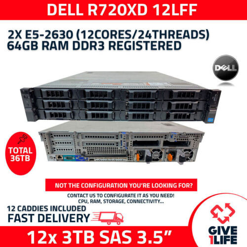 Dell Poweredge R720Xd 12Lff 2Xe5-2630+64Gb+12X3Tb+12Caddy 6Hgv2 Rack Server