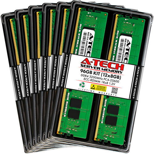 A-Tech 96Gb 12X 8Gb 1Rx8 Pc4-25600R Ddr4 3200Mhz Ecc Reg Rdimm Server Memory Ram