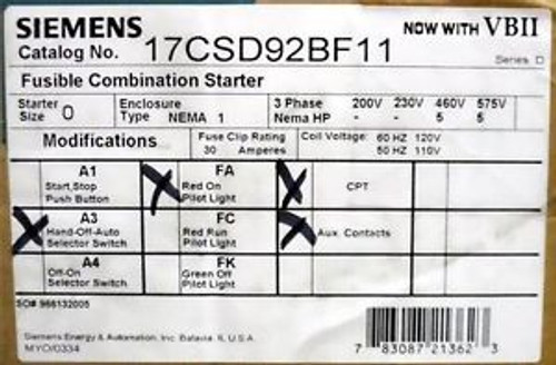 Siemens 17CSD92BF11 STARTER-COMBO,SZ0,N1,30A FSBL,120V