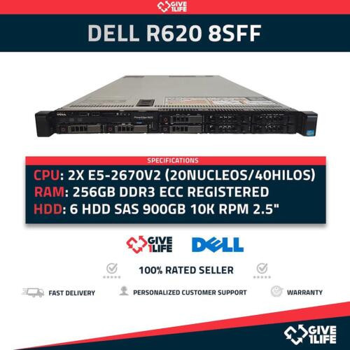 Dell R620 8Sff 2X E5-2670V2 + 256Gb Memory + H710 + 6X900Gb Nnm48 Rack Server-
